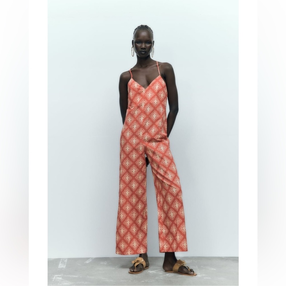NWT Zara Cotton Orange Jami Jumpsuit with Geometric Pattern Size XL